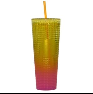 Starbucks 24 Oz Cold Cup, Collectible, Pink Yellow Grid Design, 2022 Edition NEW
